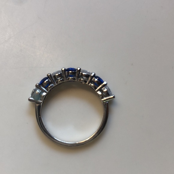 Blue and white lab created sapphire and silver (925 stamped) size 7 ring - Picture 3 of 4